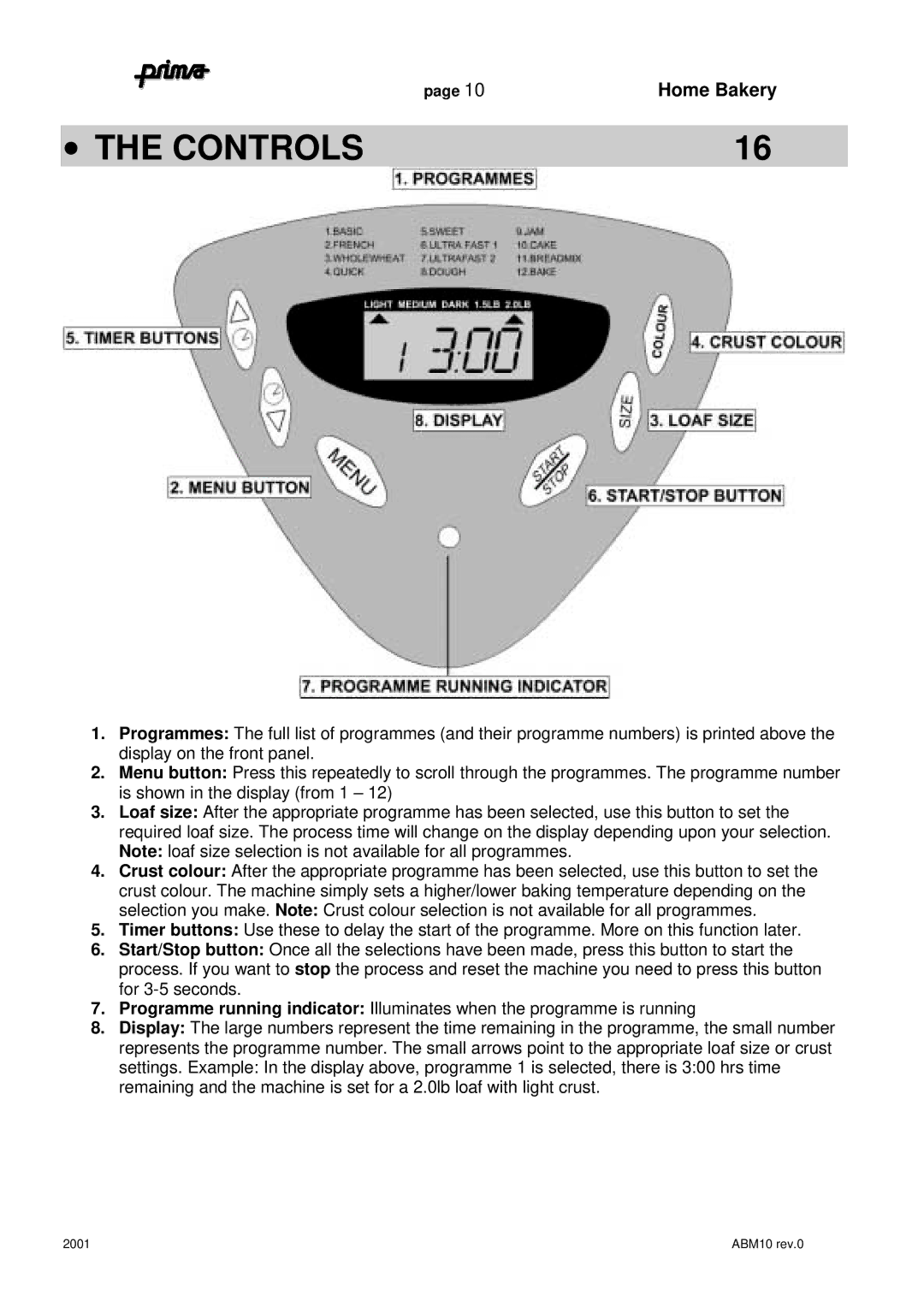 Prima ABM10 instruction manual Controls 