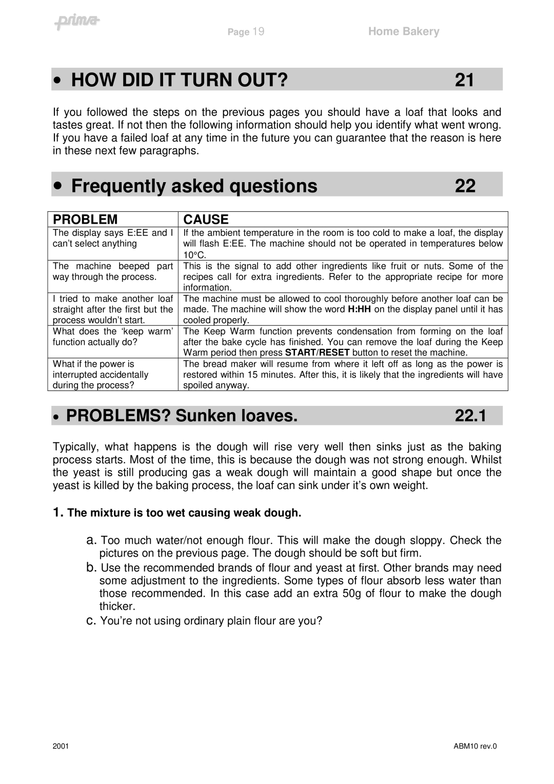 Prima ABM10 instruction manual HOW did IT Turn OUT?, Mixture is too wet causing weak dough 