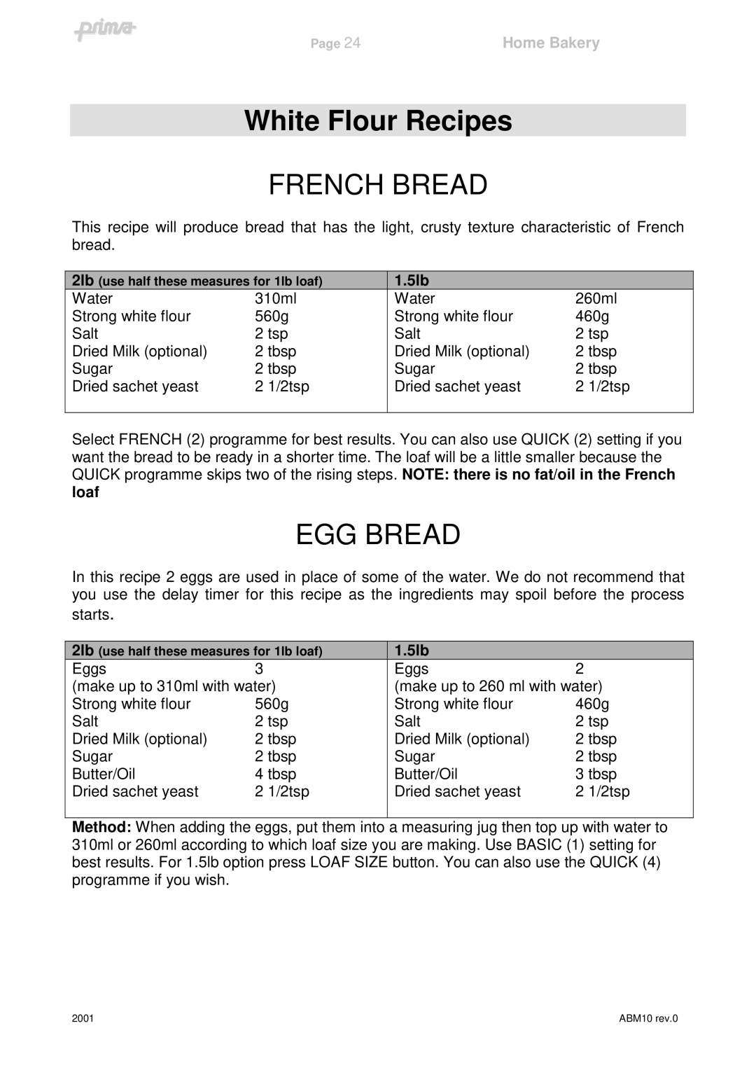 Prima ABM10 instruction manual French Bread, EGG Bread 