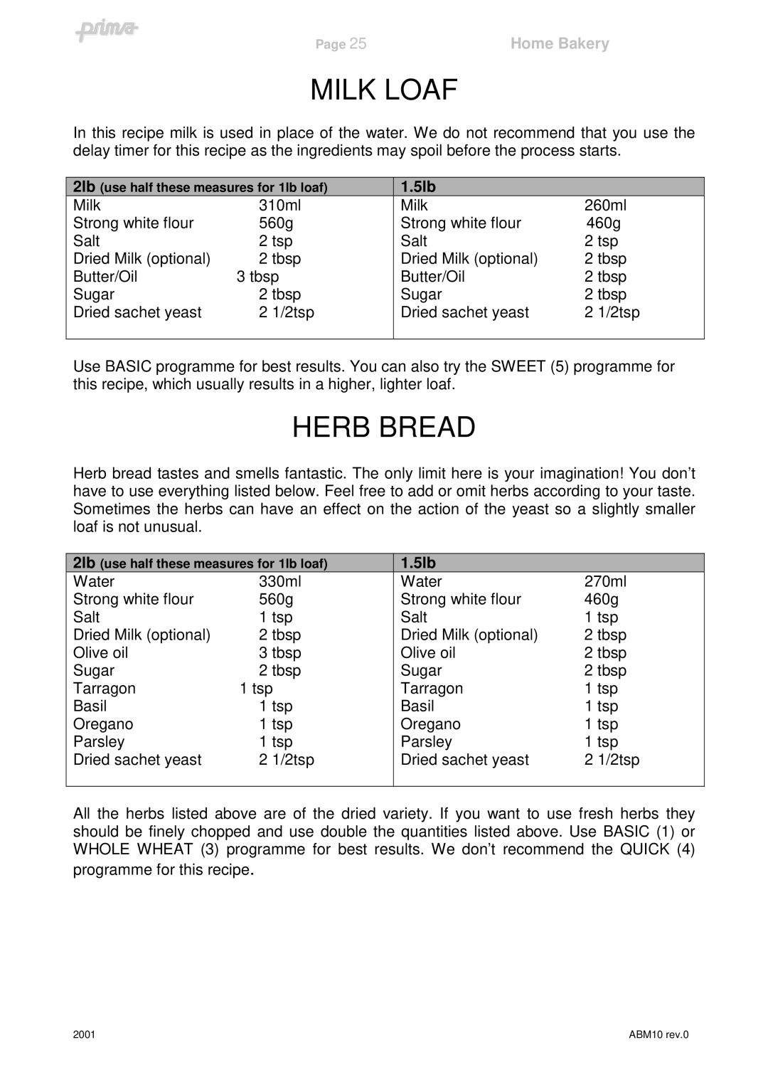 Prima ABM10 instruction manual Milk Loaf, Herb Bread 