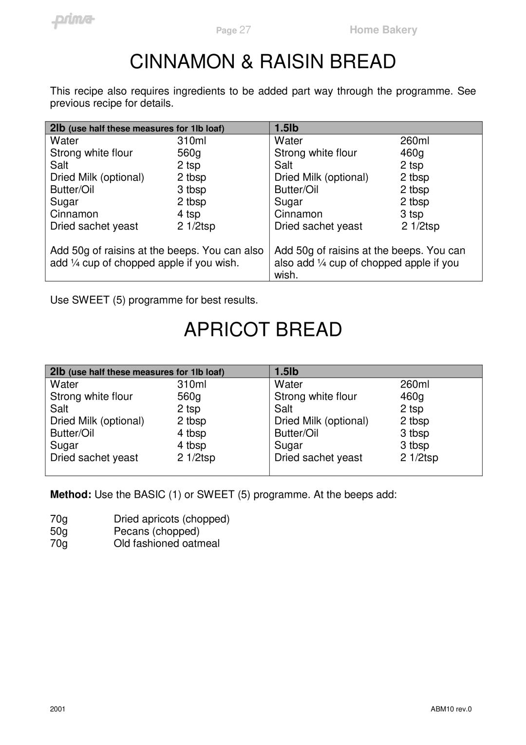 Prima ABM10 instruction manual Cinnamon & Raisin Bread, Apricot Bread 