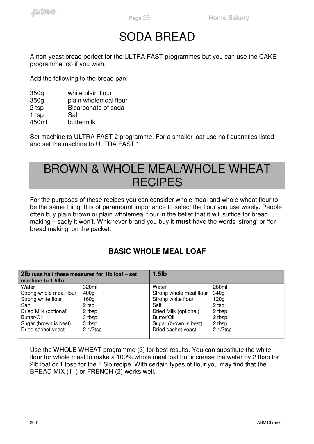 Prima ABM10 instruction manual Soda Bread, Brown & Whole MEAL/WHOLE Wheat Recipes 