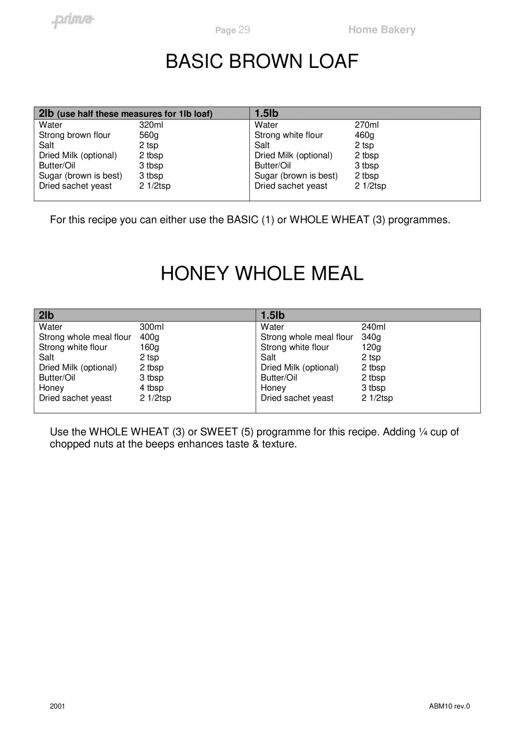 Prima ABM10 instruction manual Basic Brown Loaf, Honey Whole Meal, 2lb 5lb 