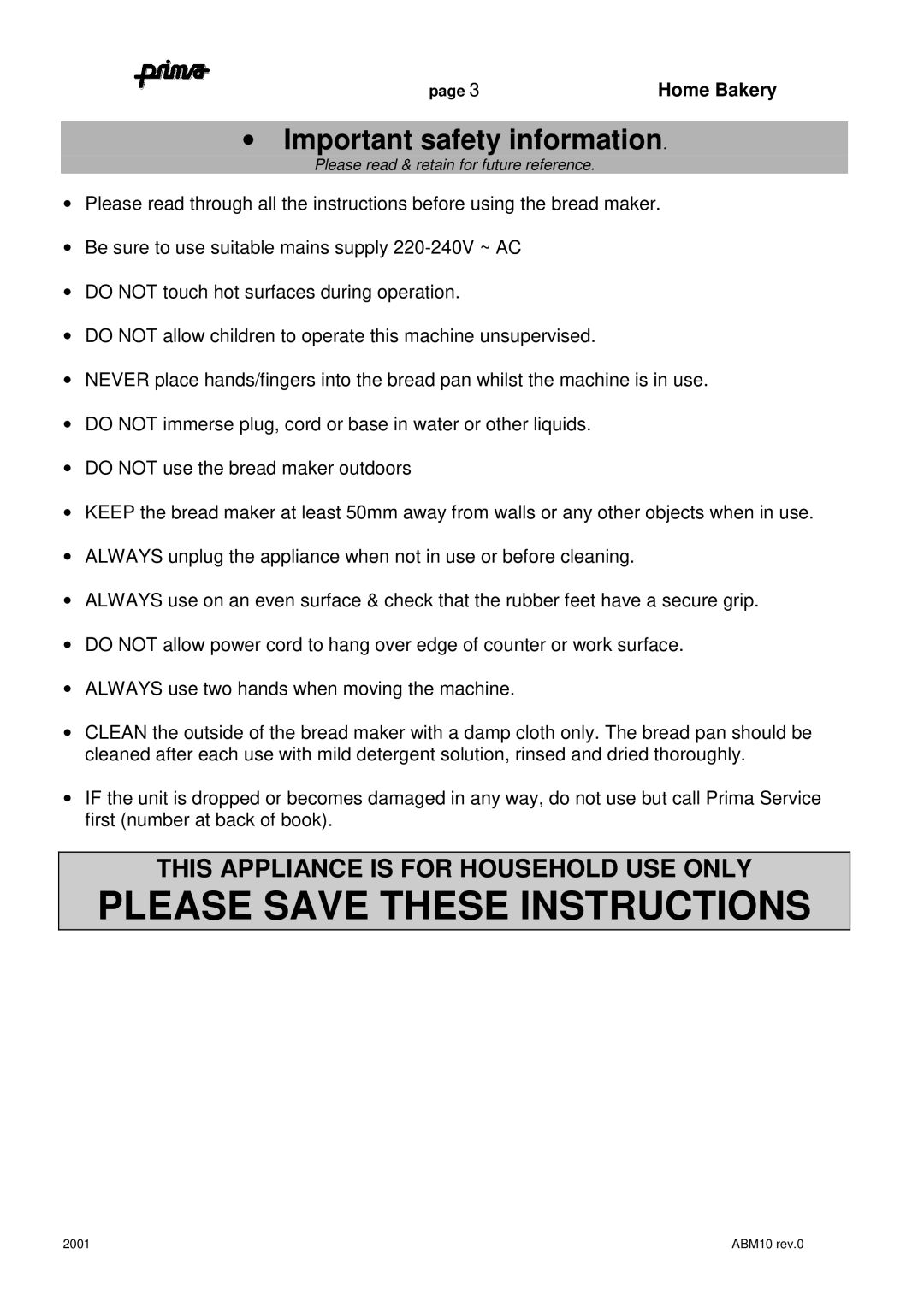 Prima ABM10 instruction manual Important safety information, This Appliance is for Household USE only 