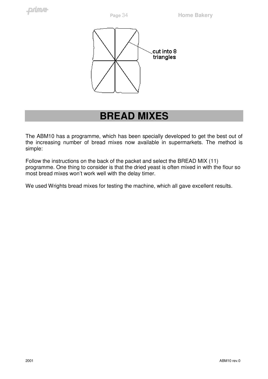 Prima ABM10 instruction manual Bread Mixes 