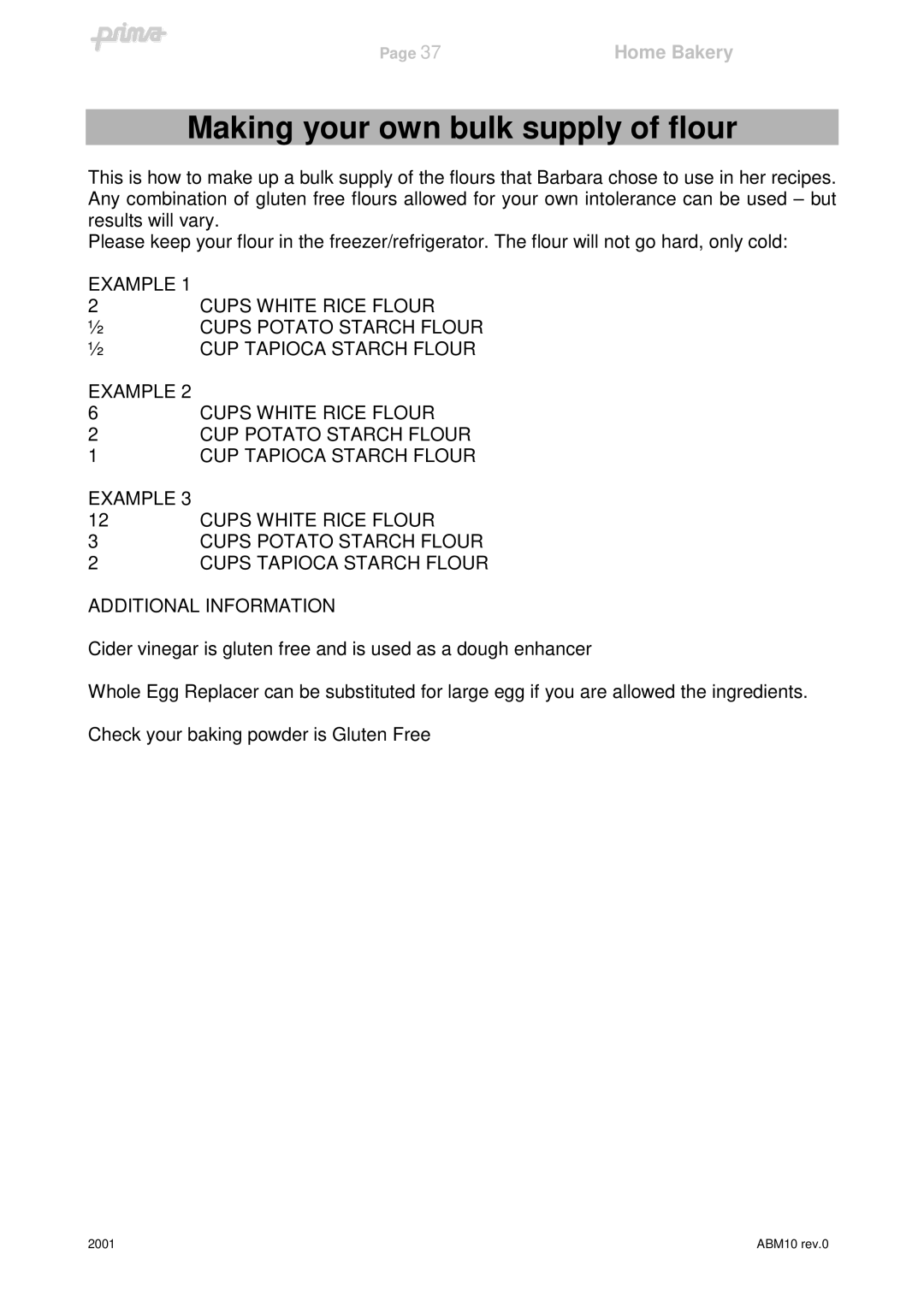 Prima ABM10 instruction manual Making your own bulk supply of flour 
