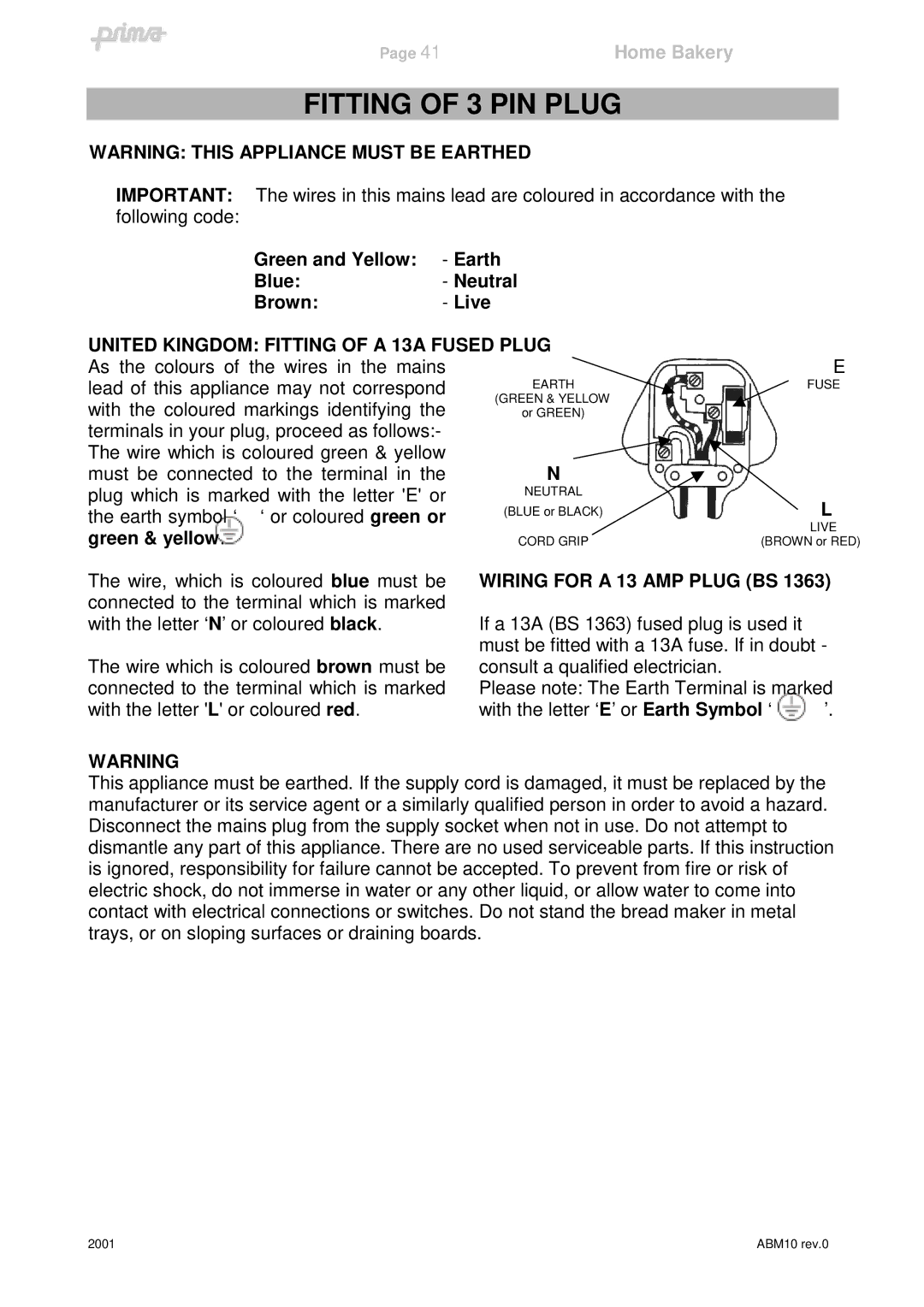 Prima ABM10 instruction manual Fitting of 3 PIN Plug 