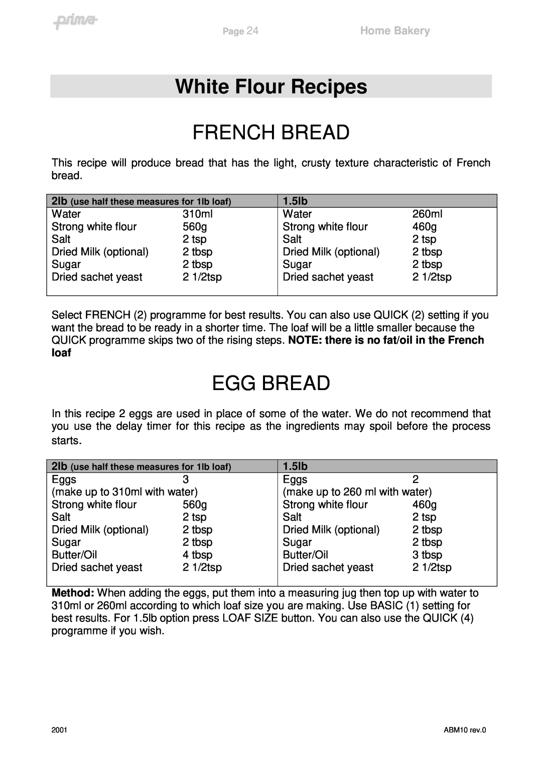 Prima ABM10 instruction manual White Flour Recipes, French Bread, Egg Bread, Home Bakery, 1.5lb 
