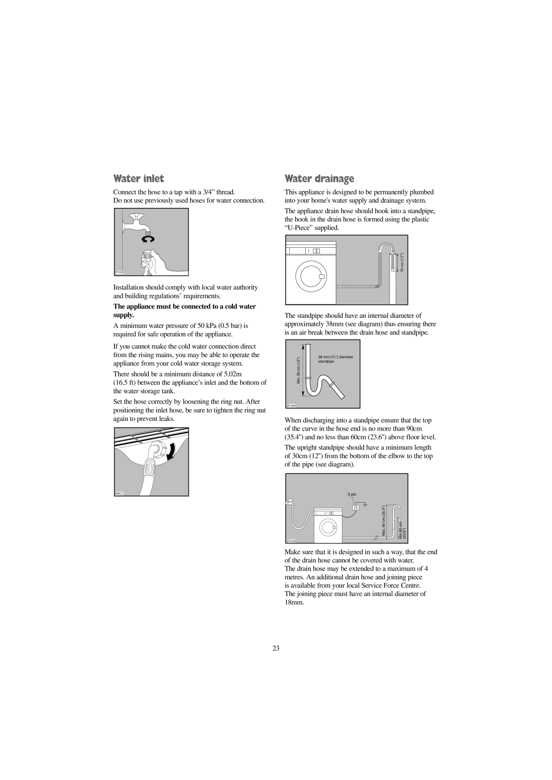 Prima Donna Designs LPR 710 manual Water inlet, Water drainage, Appliance must be connected to a cold water supply 