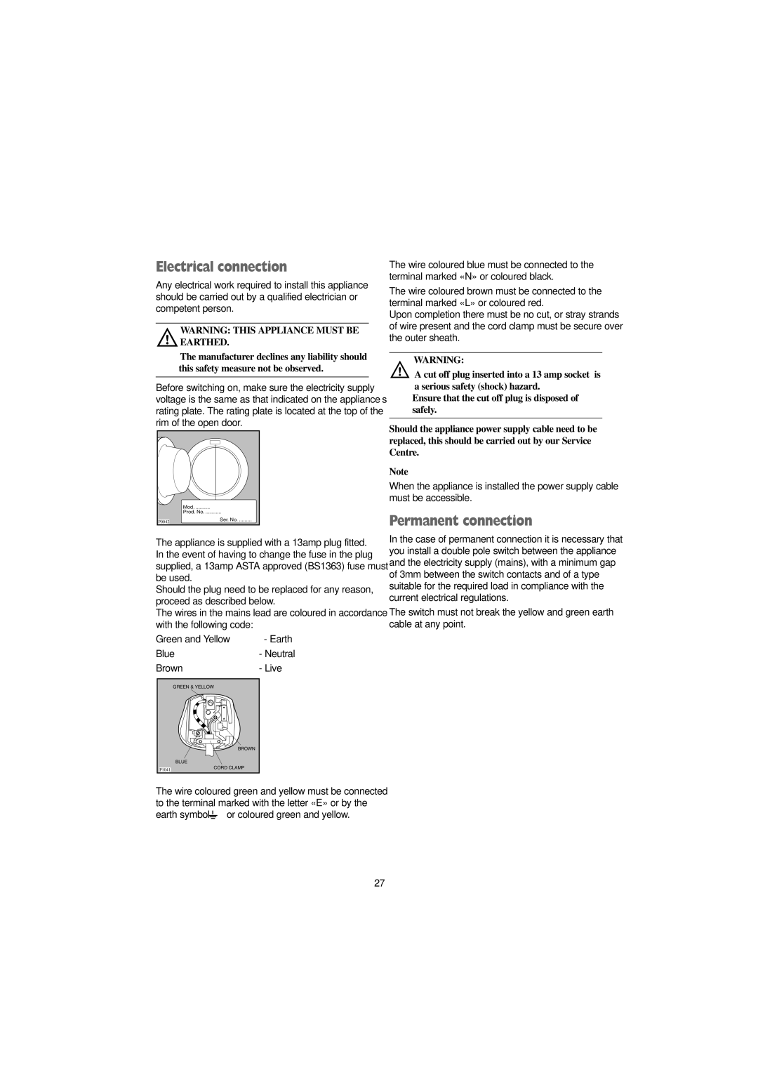 Prima Donna Designs LPR 720 manual Electrical connection, Permanent connection 