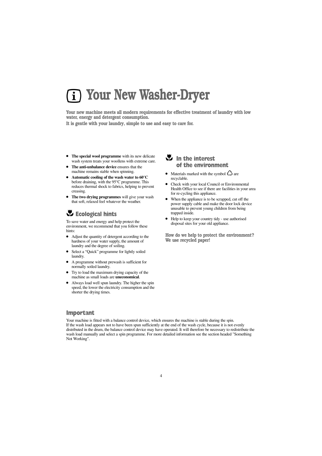 Prima Donna Designs LPR 720 manual Your New Washer-Dryer, Ecological hints, Interest Environment 