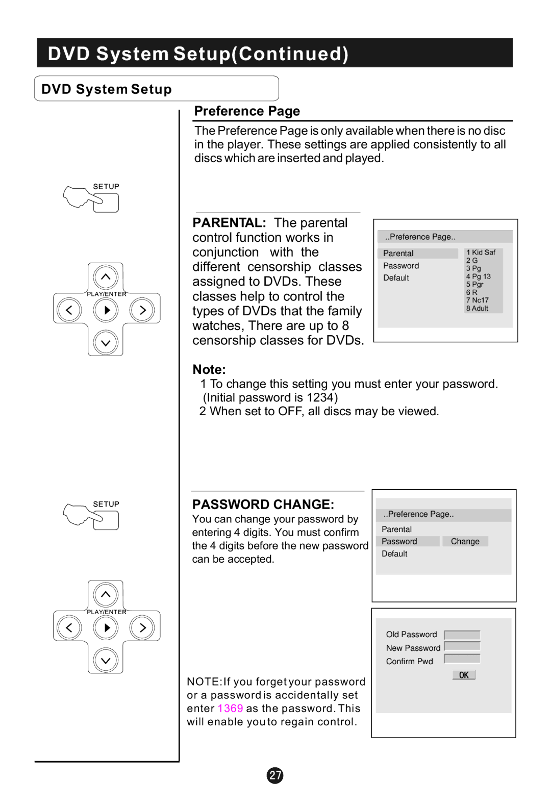 Prima Donna Designs LV-1910P, LV-1510P manual Preference, Password Change 