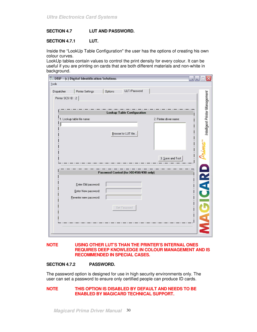 Prima ID Card Printer manual Section LUT, Section Password 