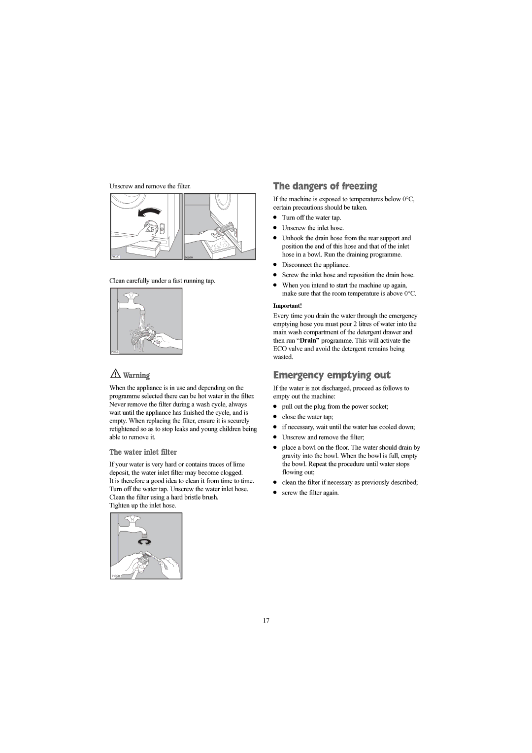 Prima LPR 712 manual Emergency emptying out, Water inlet filter 