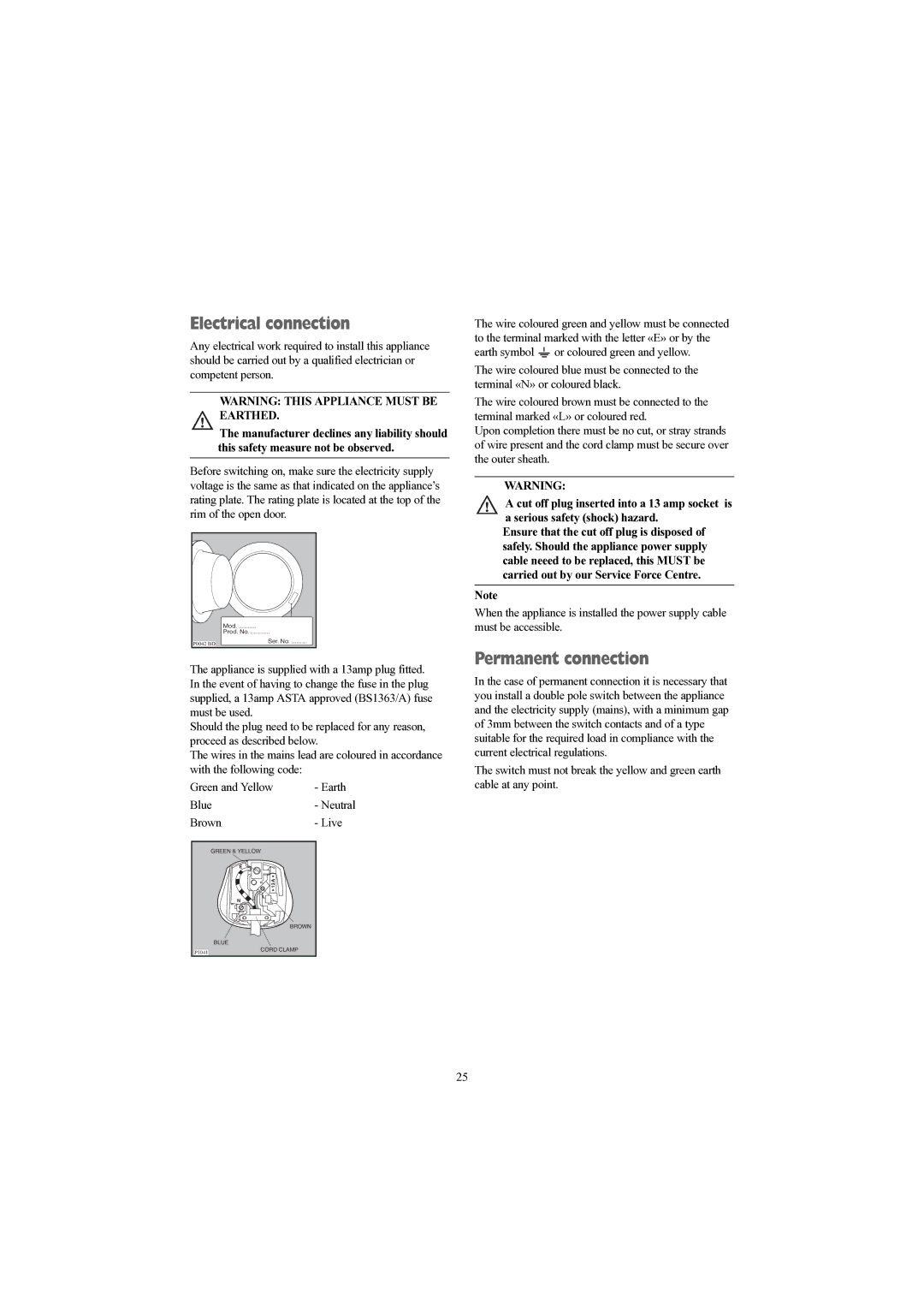 Prima LPR 712 manual Electrical connection, Permanent connection, Blue- Neutral Brown- Live 