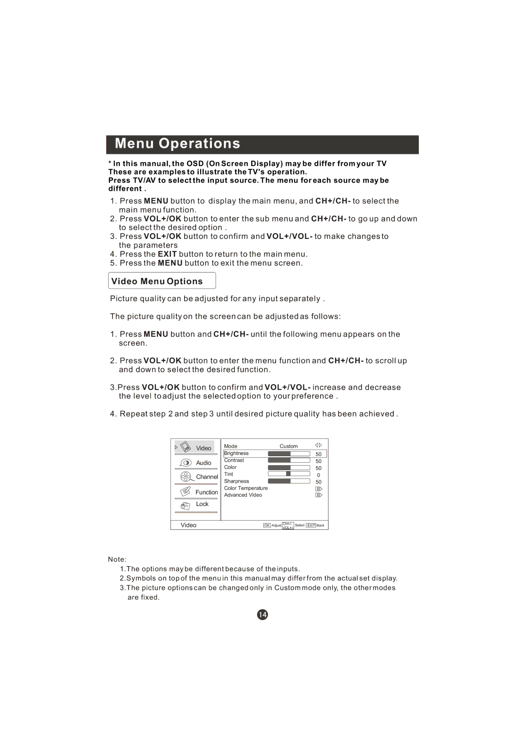 Prima LV-1958P manual Menu Operations, Video Menu Options 