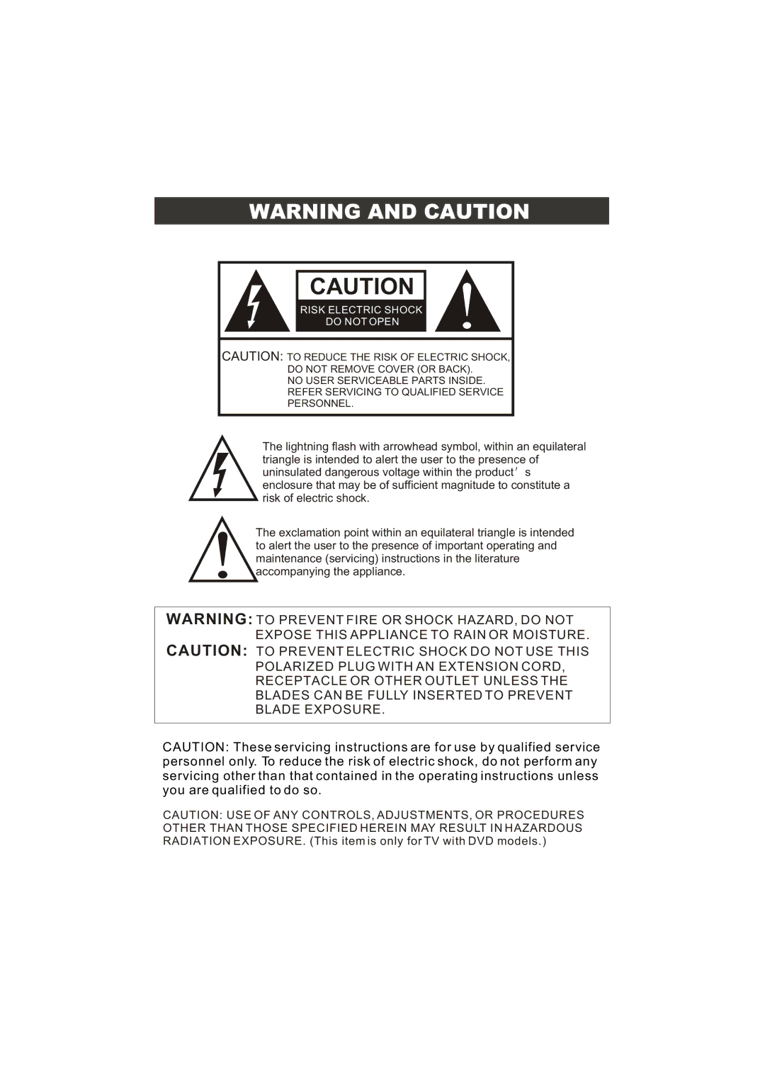 Prima LV-1958P manual Risk Electric Shock Do not Open 