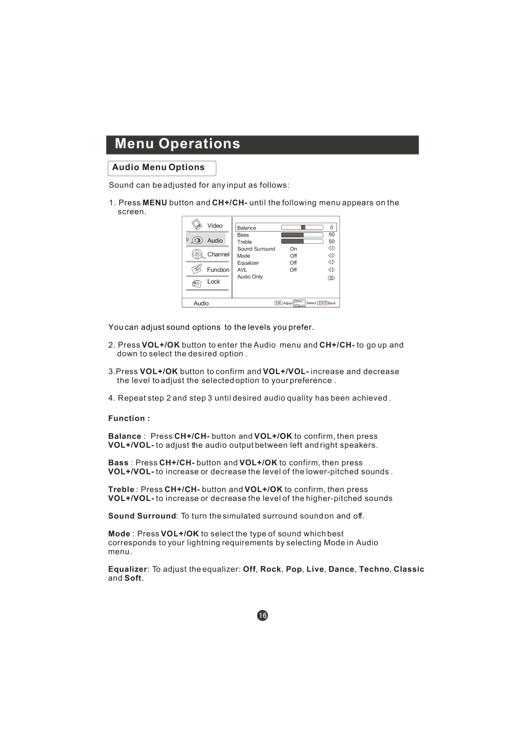 Prima LV-1958P manual Audio Menu Options 