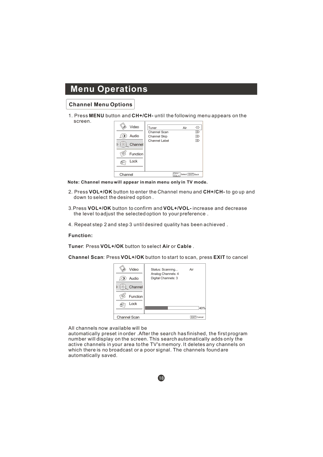 Prima LV-1958P manual Channel Menu Options 