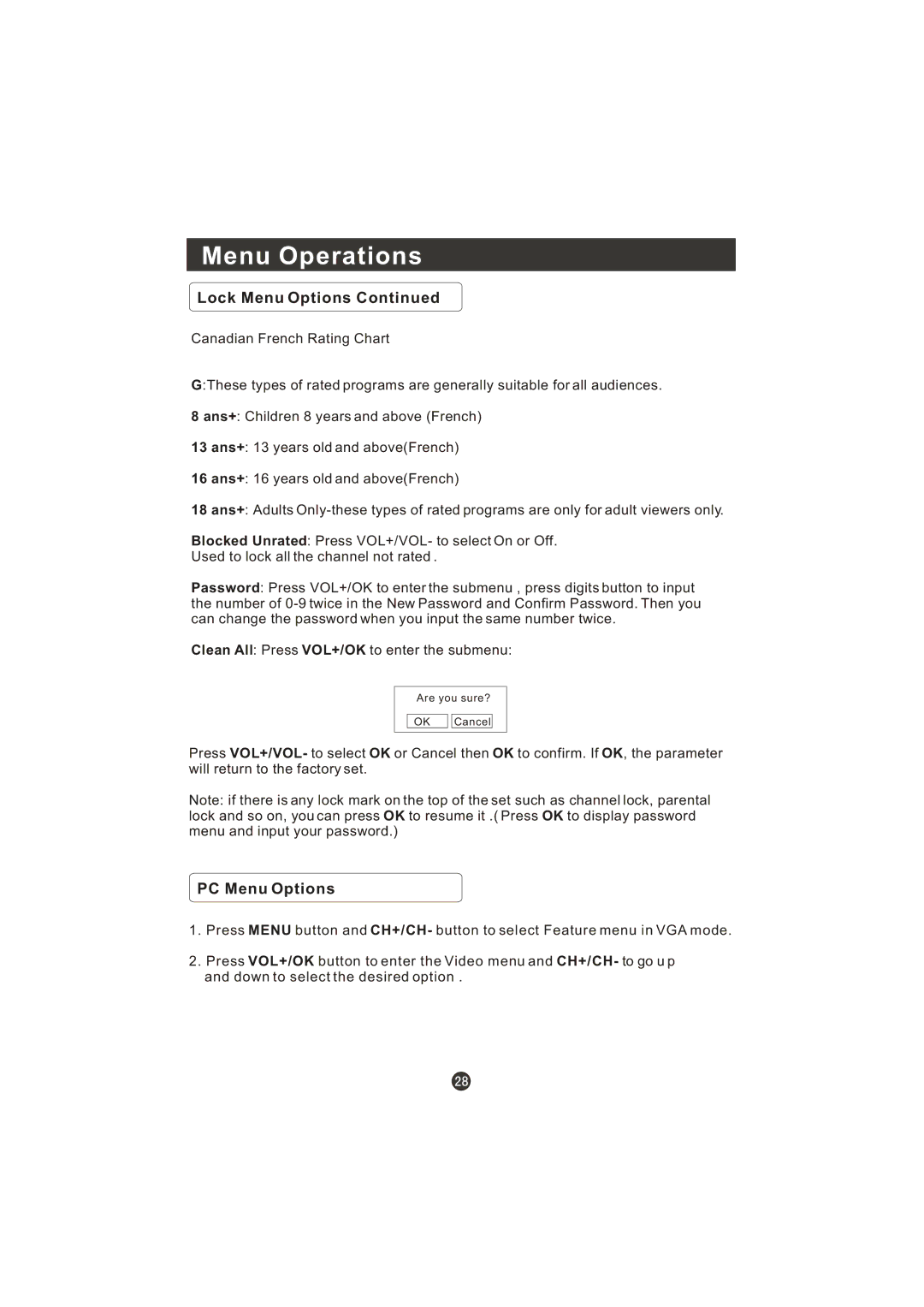 Prima LV-1958P manual PC Menu Options 