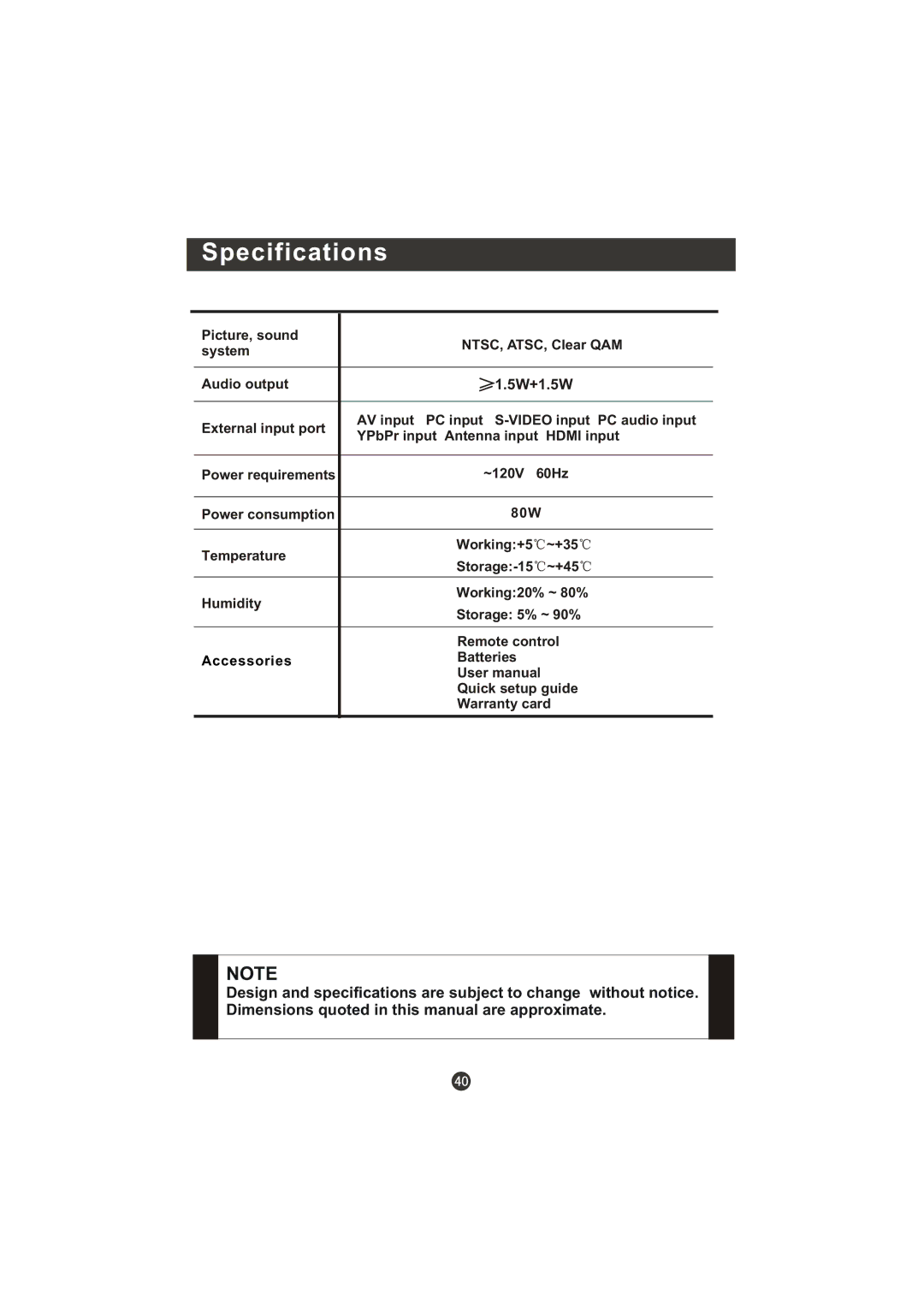 Prima LV-1958P manual Specifications, 5W+1.5W, Picture, sound NTSC, ATSC, Clear QAM System Audio output 