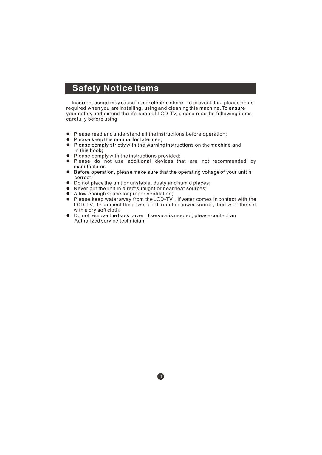 Prima LV-1958P manual Safety Notice Items 