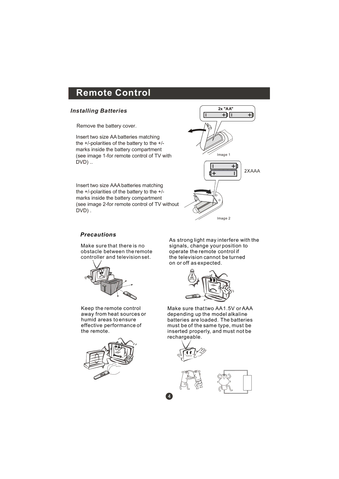 Prima LV-1958P manual Remote Control, Installing Batteries 