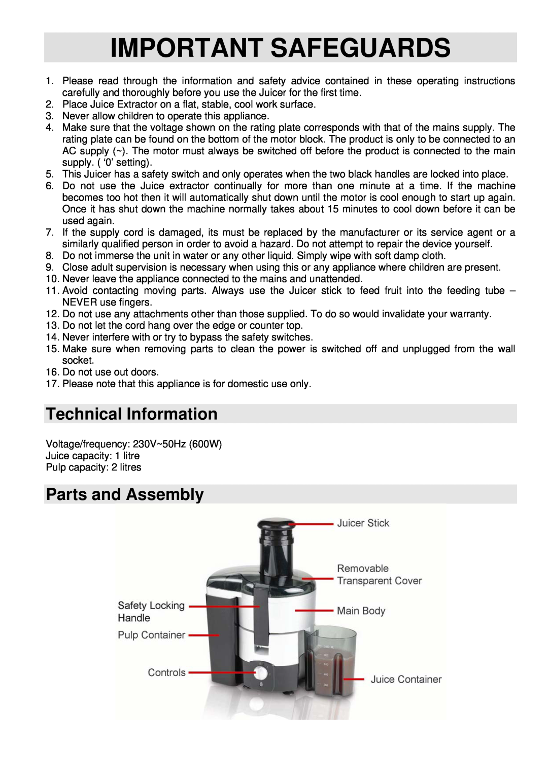 Prima PJE020 manual Technical Information, Parts and Assembly, Important Safeguards 