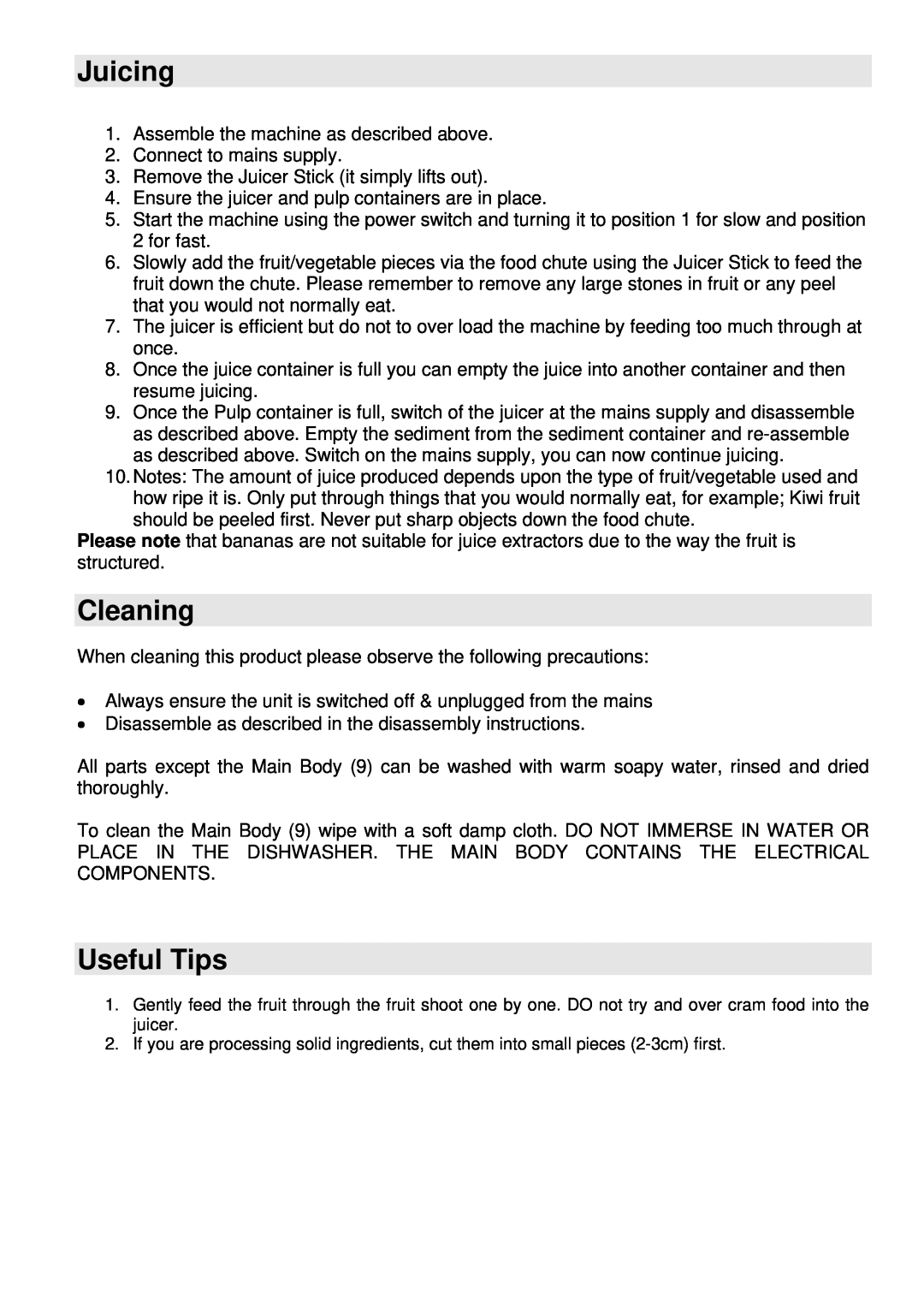 Prima PJE020 manual Juicing, Cleaning, Useful Tips 