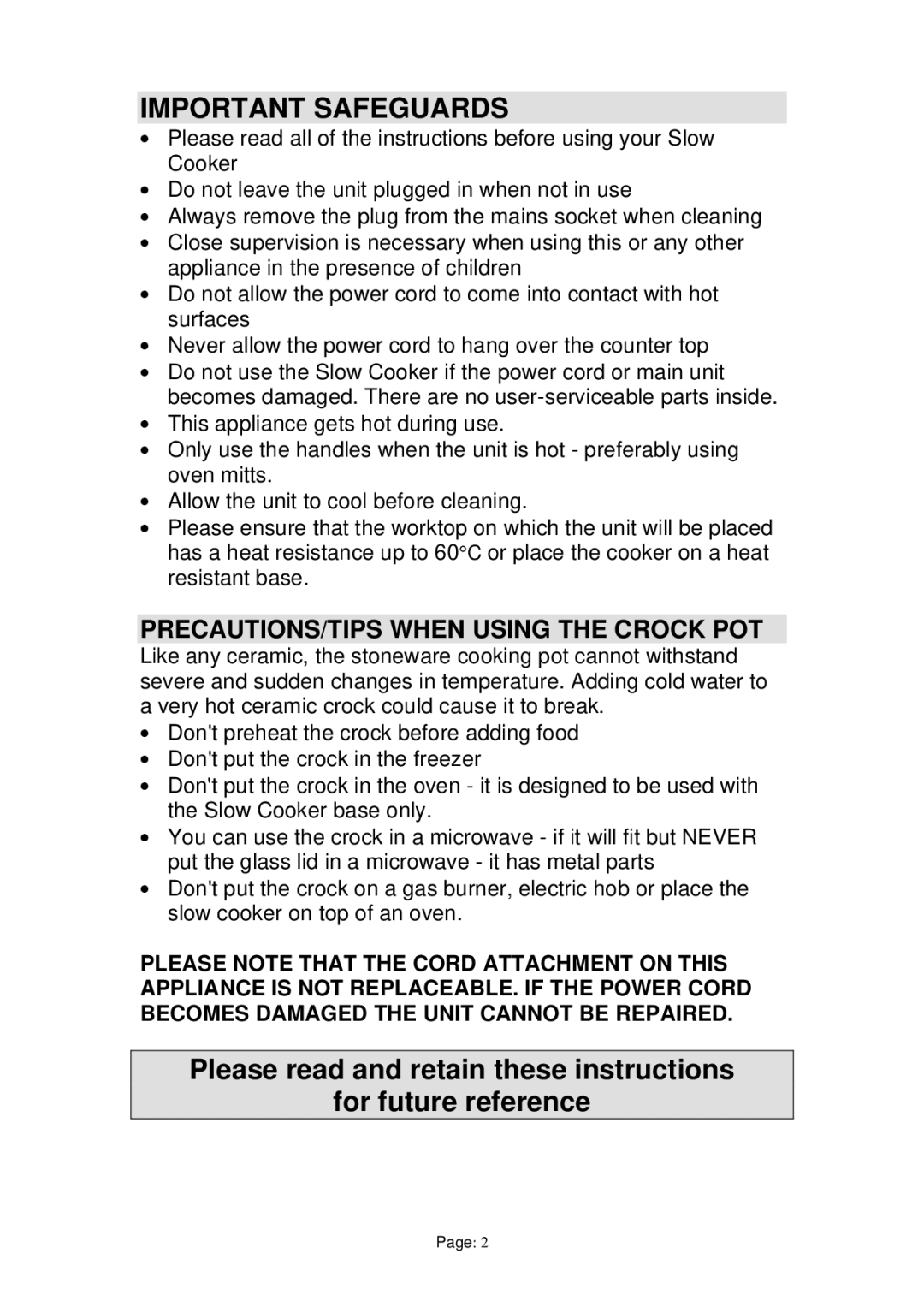 Prima PSO003 manual Important Safeguards, PRECAUTIONS/TIPS When Using the Crock POT 