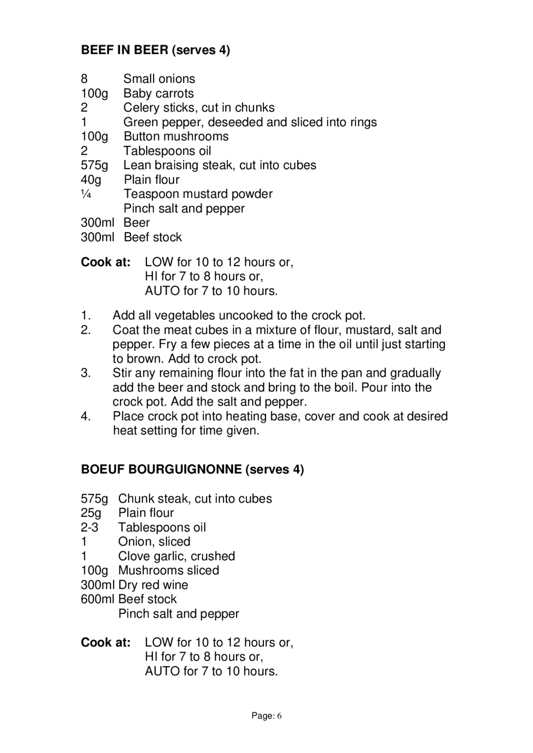 Prima PSO003 manual Beef in Beer serves, Boeuf Bourguignonne serves 