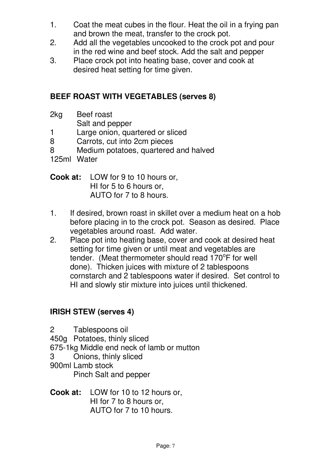 Prima PSO003 manual Beef Roast with Vegetables serves, Irish Stew serves 