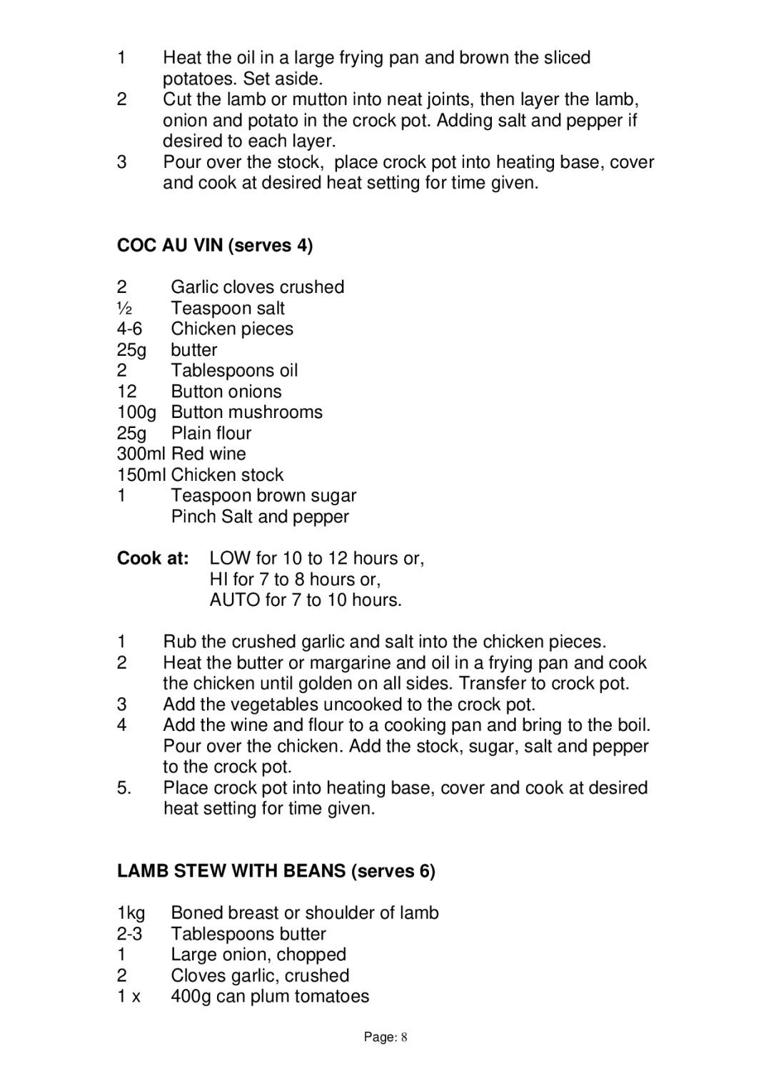 Prima PSO003 manual COC AU VIN serves, Lamb Stew with Beans serves 