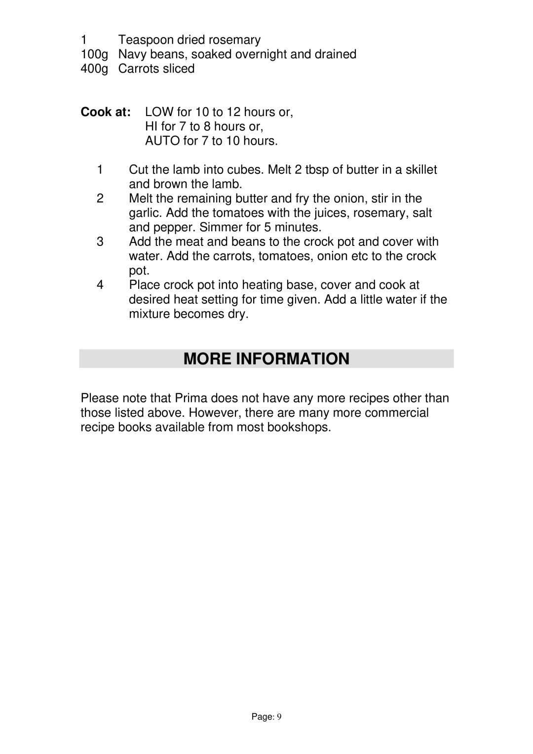 Prima PSO003 manual More Information 