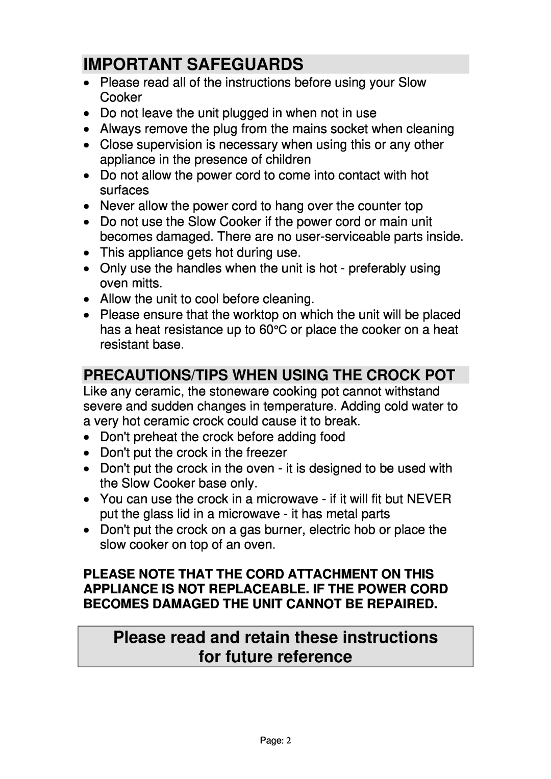 Prima PSO003 manual Important Safeguards, Please read and retain these instructions, for future reference 