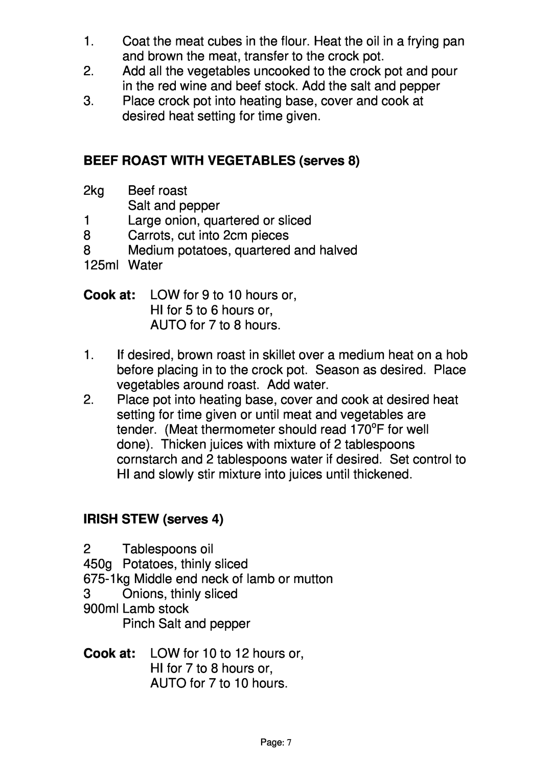 Prima PSO003 manual BEEF ROAST WITH VEGETABLES serves, IRISH STEW serves 
