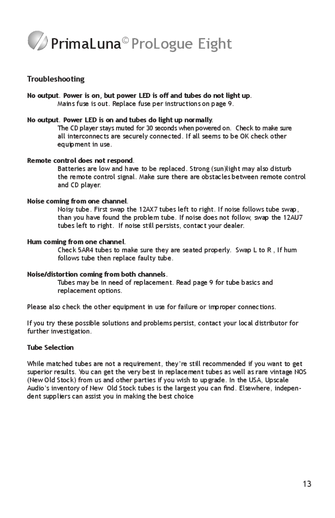 PrimaLuna USA pmn manual Troubleshooting 