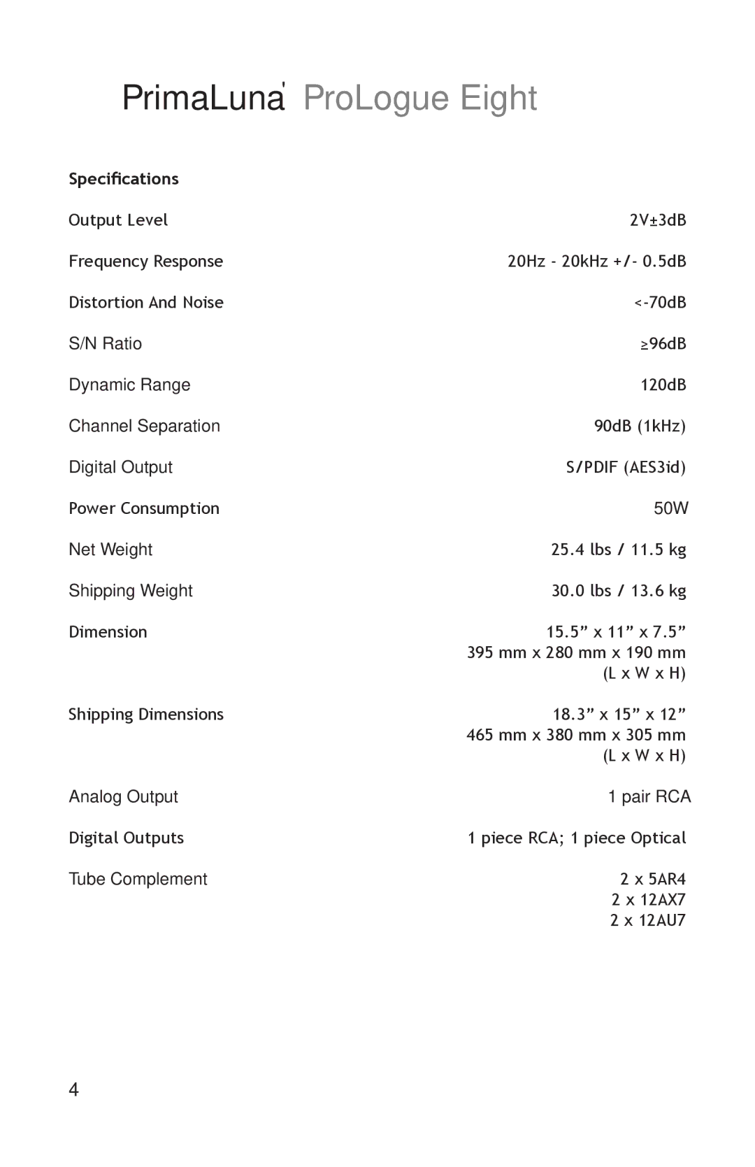 PrimaLuna USA pmn manual Specifications 