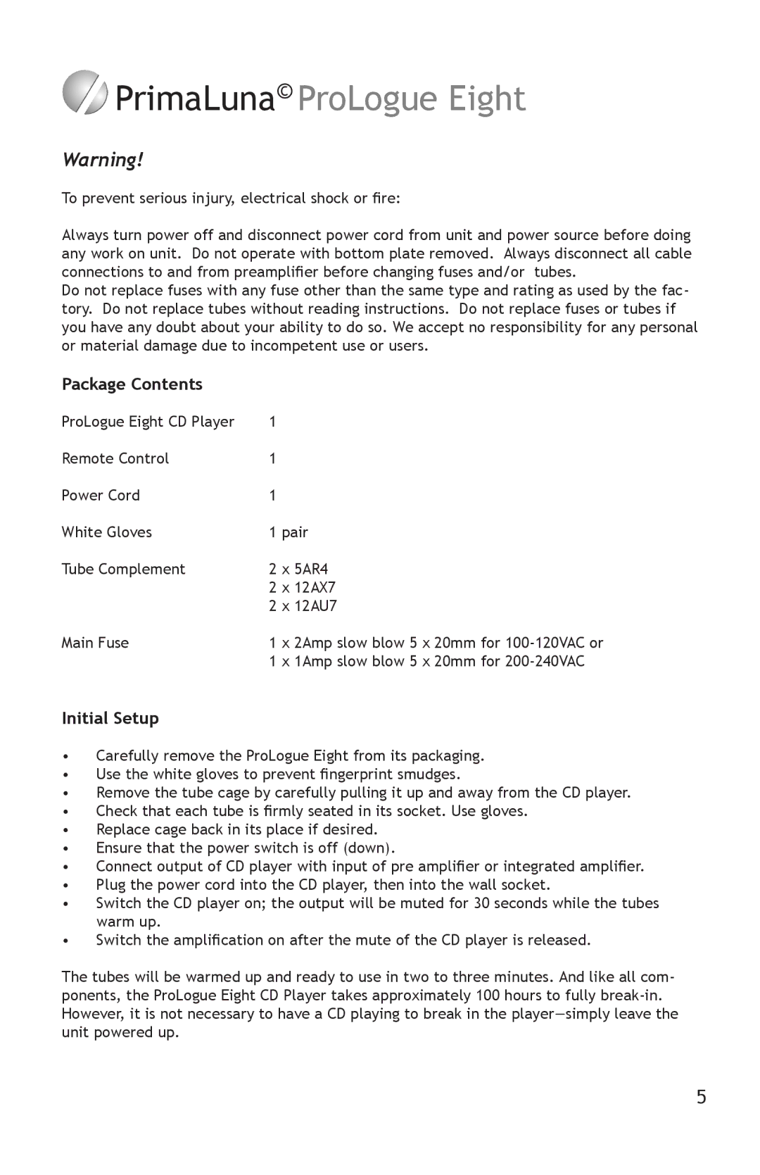 PrimaLuna USA pmn manual Package Contents, Initial Setup 