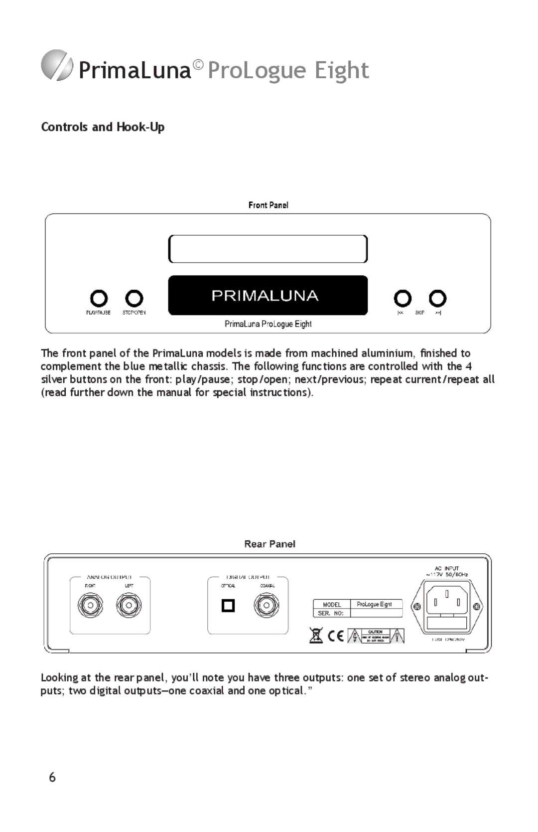 PrimaLuna USA pmn manual Controls and Hook-Up 