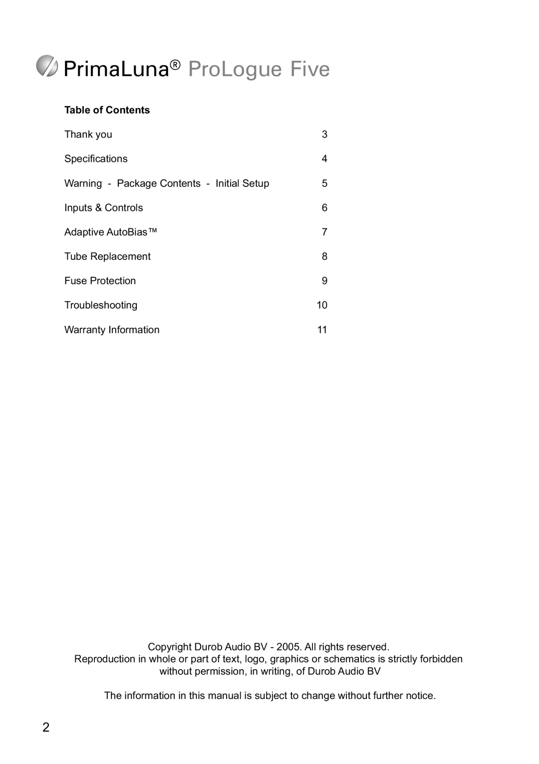 PrimaLuna USA manual PrimaLuna ProLogue Five, Table of Contents 