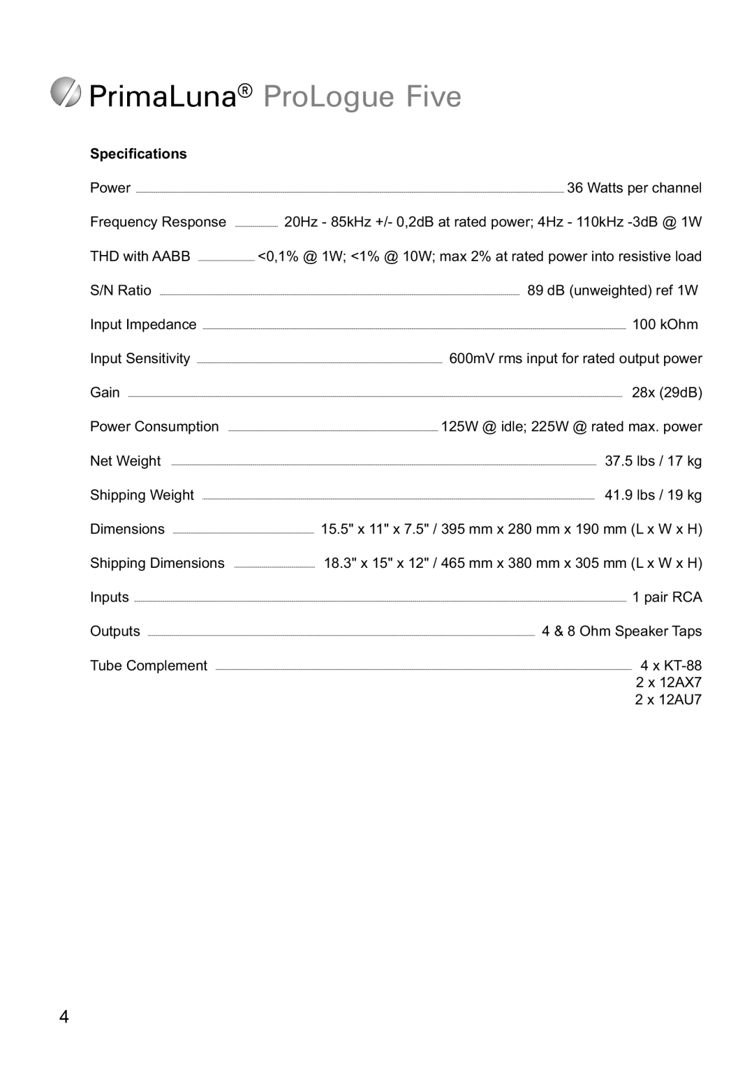 PrimaLuna USA ProLogue Five manual Specifications 