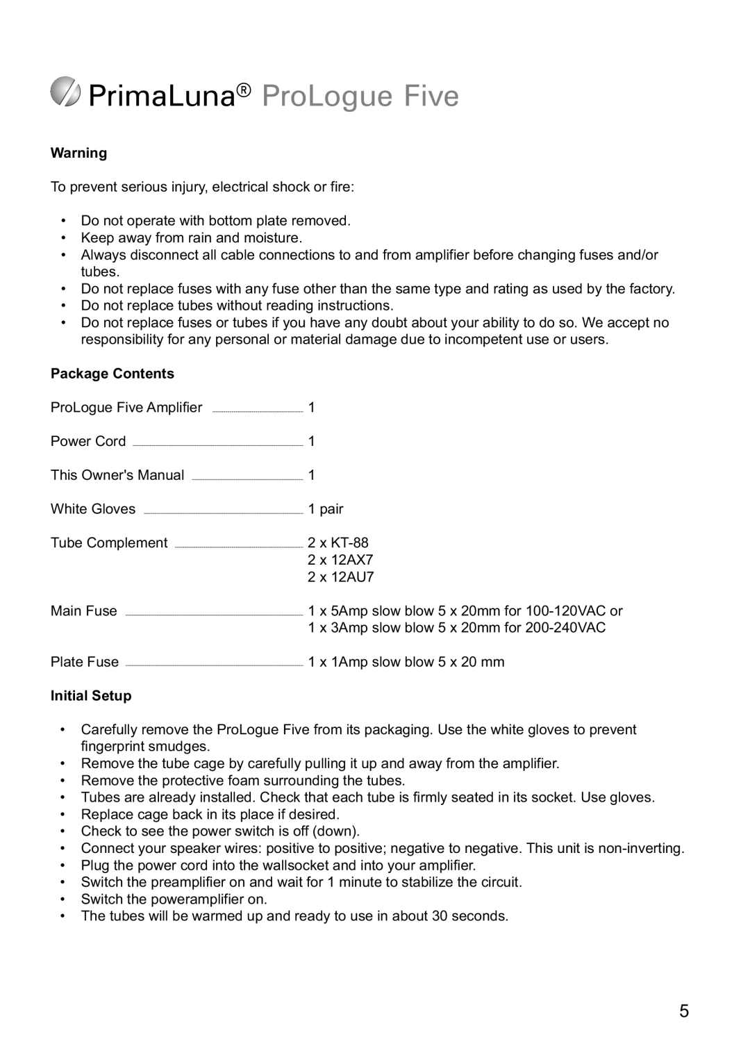 PrimaLuna USA ProLogue Five manual Package Contents, Initial Setup 