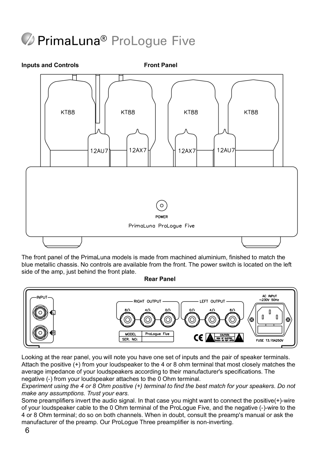 PrimaLuna USA ProLogue Five manual Inputs and Controls, Rear Panel 