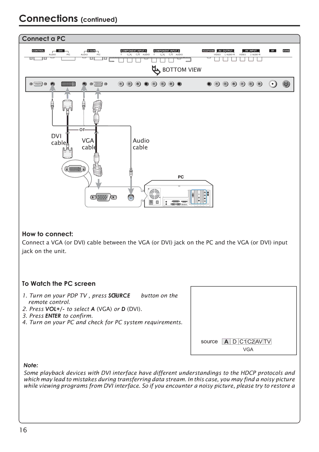 Primate Systems PDP TV manual Connect a PC, To Watch the PC screen 