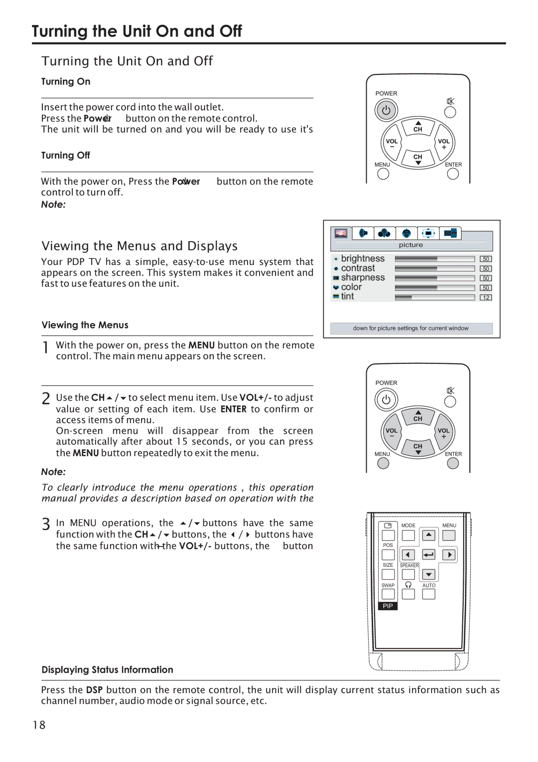 Primate Systems PDP TV manual Turning the Unit On and Off, Viewing the Menus and Displays 