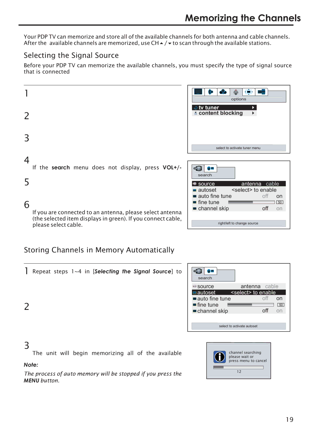 Primate Systems PDP TV Memorizing the Channels, Selecting the Signal Source, Storing Channels in Memory Automatically 