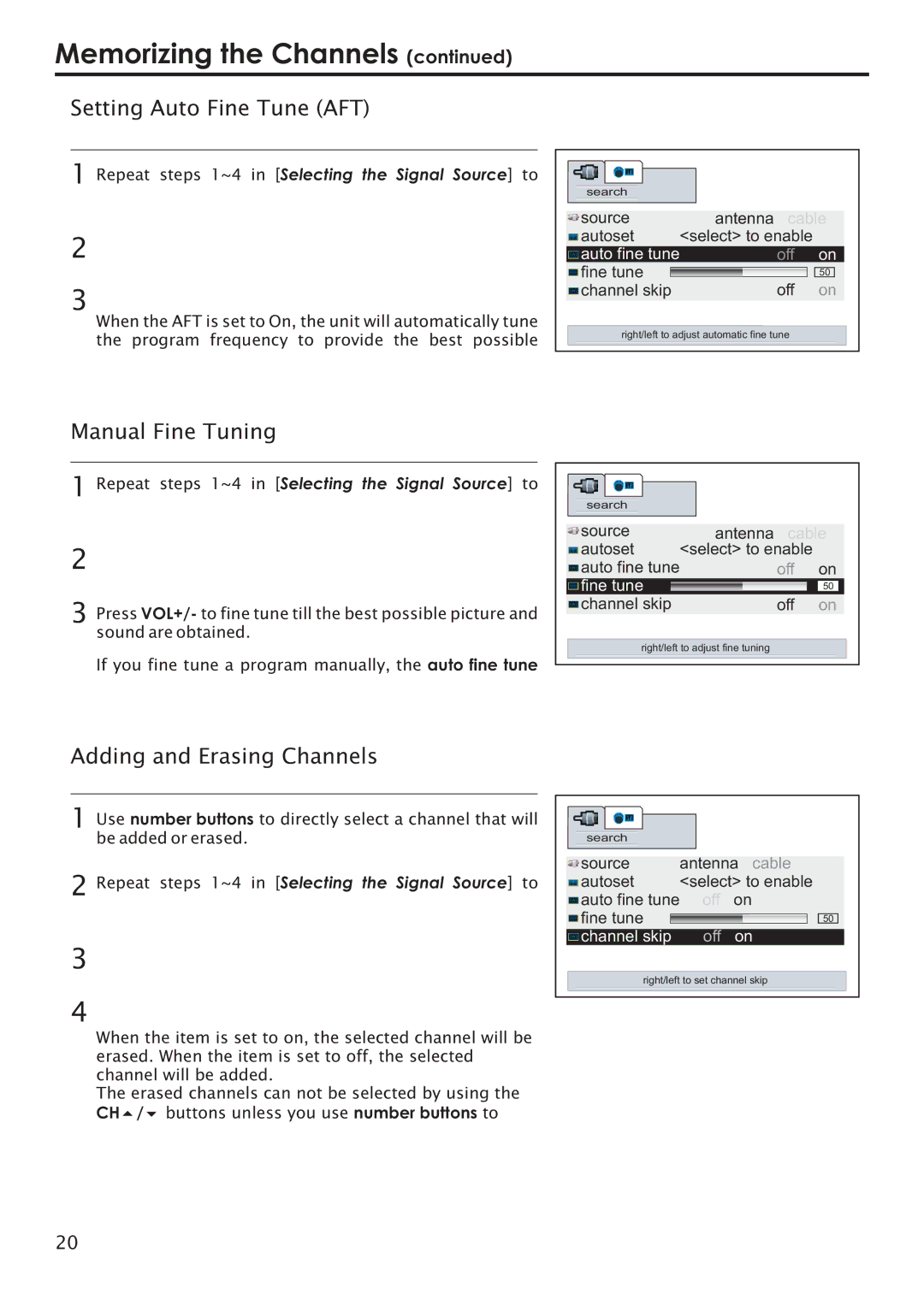 Primate Systems PDP TV manual Setting Auto Fine Tune AFT, Manual Fine Tuning, Adding and Erasing Channels 