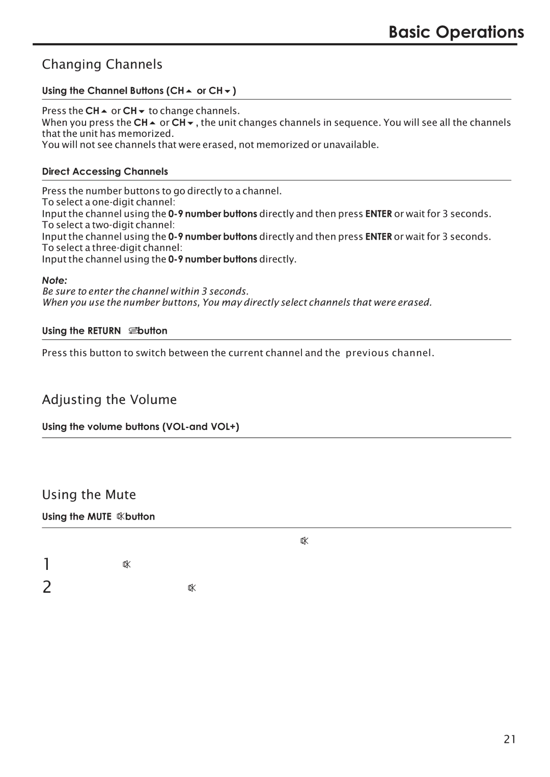 Primate Systems PDP TV manual Basic Operations, Changing Channels, Adjusting the Volume, Using the Mute 