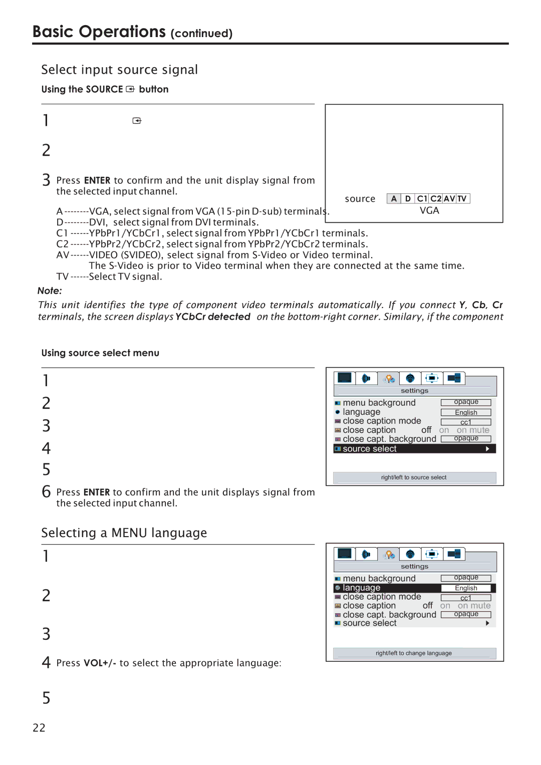 Primate Systems PDP TV manual Select input source signal, Selecting a Menu language, Using the Source button 